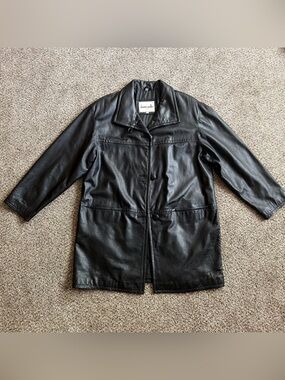 Donna Pelle Genuine Leather Jacket Women's Black Button Front Coat Size M